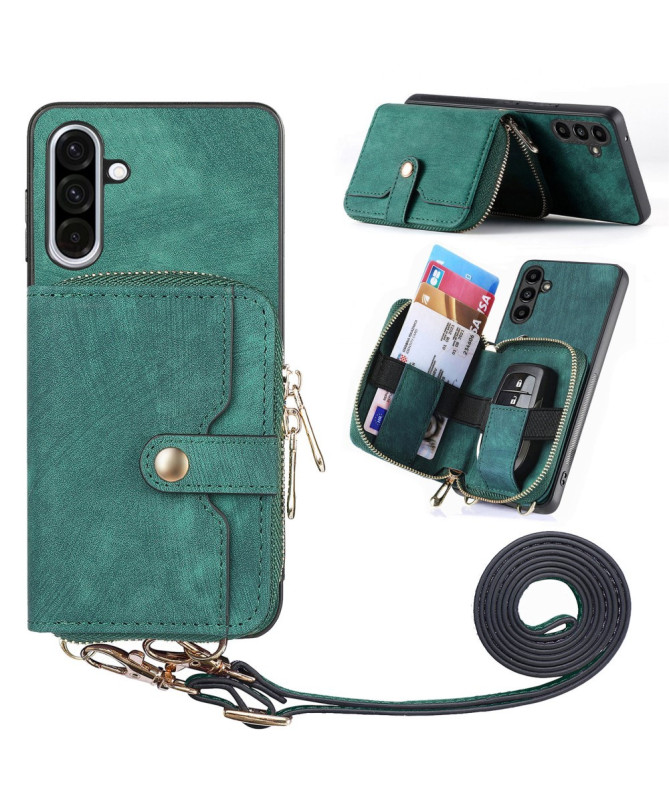 Coque Samsung Galaxy A56 5G à sangle, fermeture zippée et porte-cartes