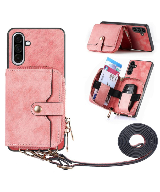 Coque Samsung Galaxy A56 5G à sangle, fermeture zippée et porte-cartes