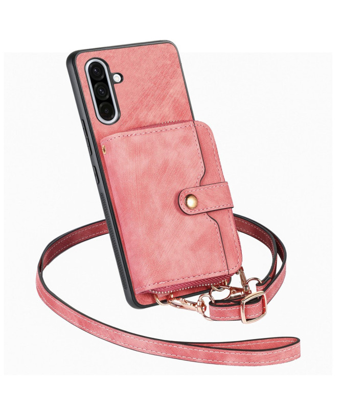 Coque Samsung Galaxy A56 5G à sangle, fermeture zippée et porte-cartes