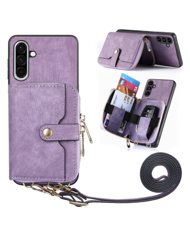 Coque Samsung Galaxy A56 5G à sangle, fermeture zippée et porte-cartes