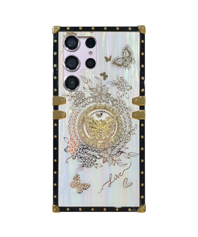 Coque Samsung Galaxy S22 Ultra 5G papillon strass avec anneau