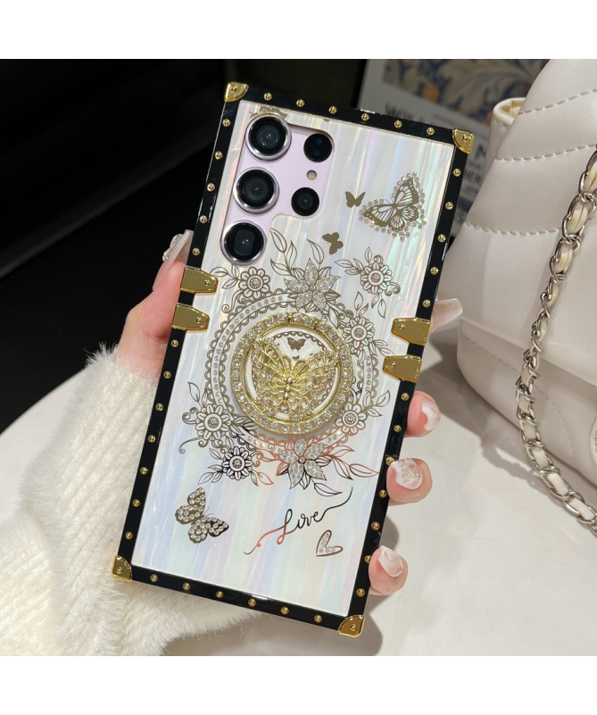 Coque Samsung Galaxy S22 Ultra 5G papillon strass avec anneau