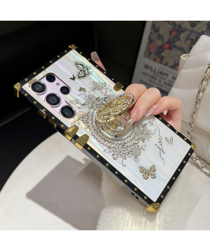 Coque Samsung Galaxy S22 Ultra 5G papillon strass avec anneau