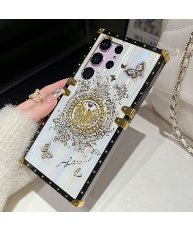 Coque Samsung Galaxy S22 Ultra 5G papillon strass avec anneau