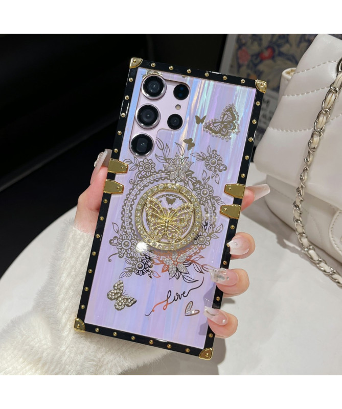 Coque Samsung Galaxy S22 Ultra 5G papillon strass avec anneau