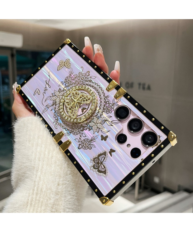 Coque Samsung Galaxy S22 Ultra 5G papillon strass avec anneau