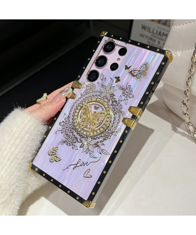 Coque Samsung Galaxy S22 Ultra 5G papillon strass avec anneau