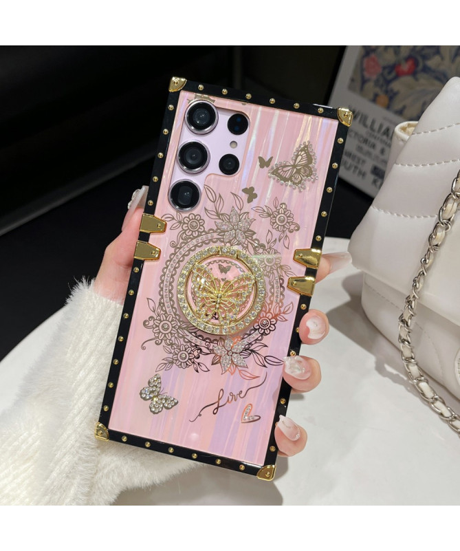 Coque Samsung Galaxy S22 Ultra 5G papillon strass avec anneau