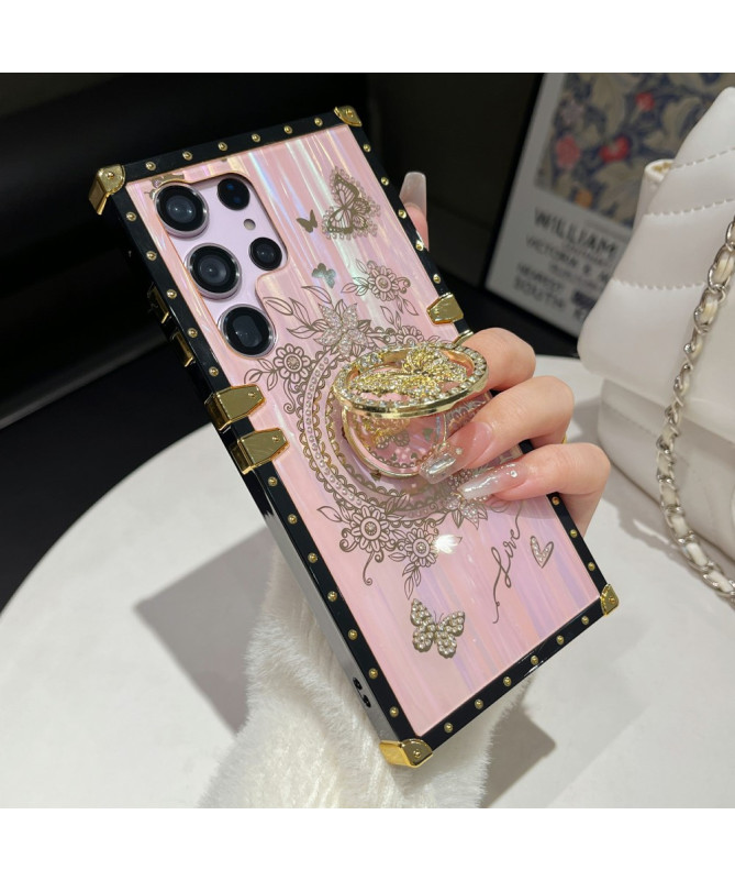 Coque Samsung Galaxy S22 Ultra 5G papillon strass avec anneau