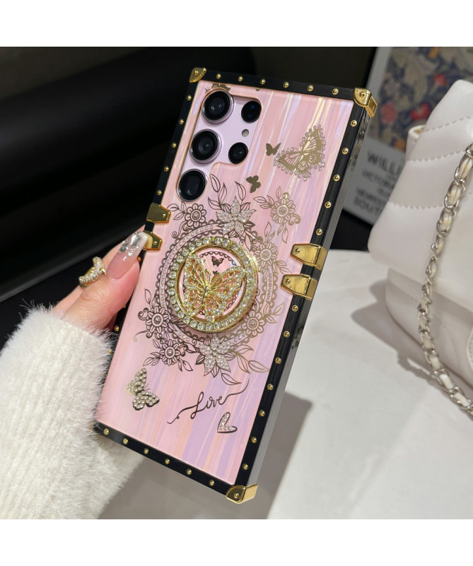 Coque Samsung Galaxy S22 Ultra 5G papillon strass avec anneau