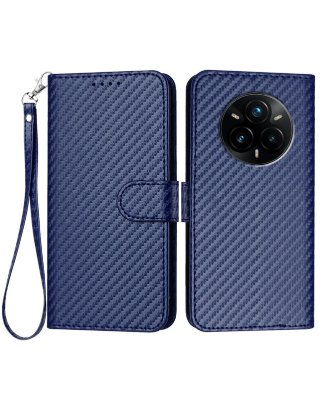 Housse Realme 14 Pro Plus 5G Carbone Fonction Portefeuille avec Lanièr