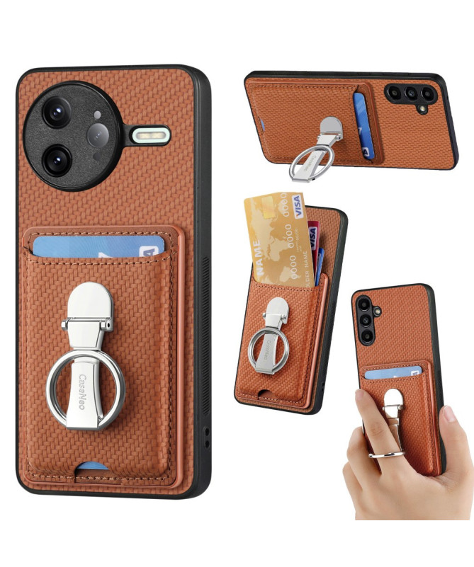 Coque Poco F7 Ultra avec Anneau et Porte-Cartes Texture Carbone