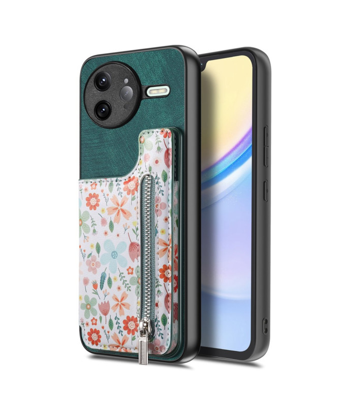 Coque Poco F7 Ultra Cuir Fleurs et Poche Zippée Support