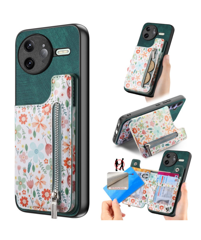 Coque Poco F7 Ultra Cuir Fleurs et Poche Zippée Support