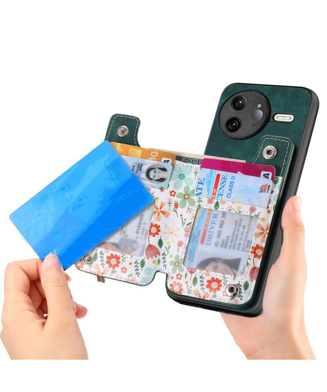Coque Poco F7 Ultra Cuir Fleurs et Poche Zippée Support