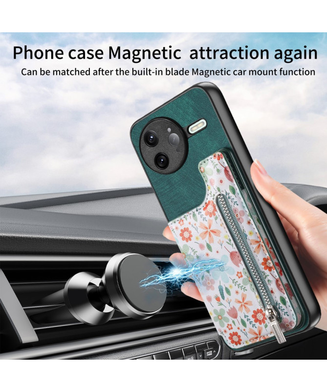 Coque Poco F7 Ultra Cuir Fleurs et Poche Zippée Support