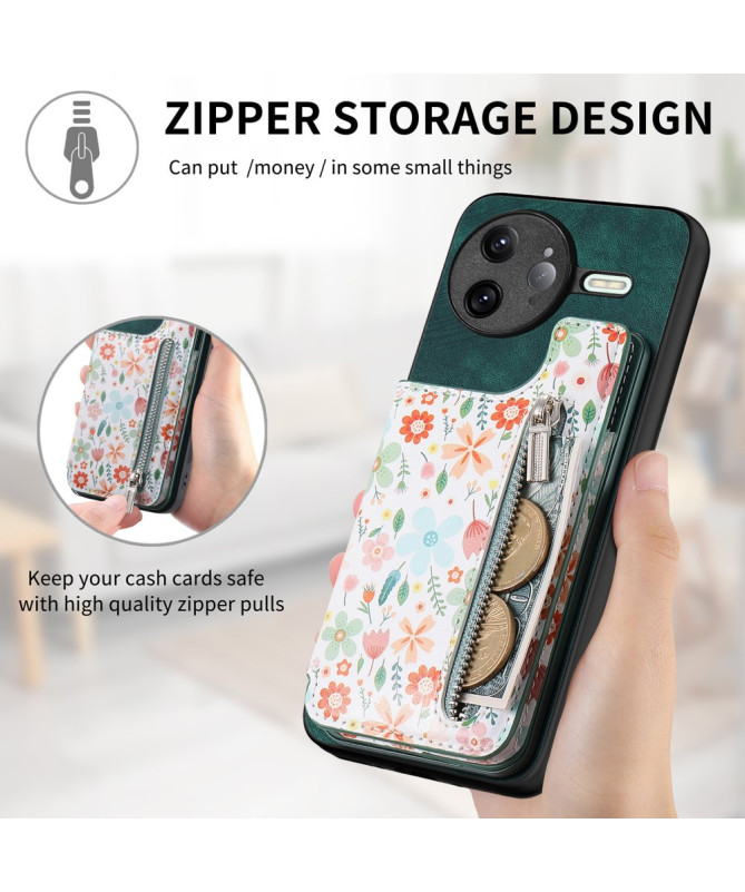 Coque Poco F7 Ultra Cuir Fleurs et Poche Zippée Support