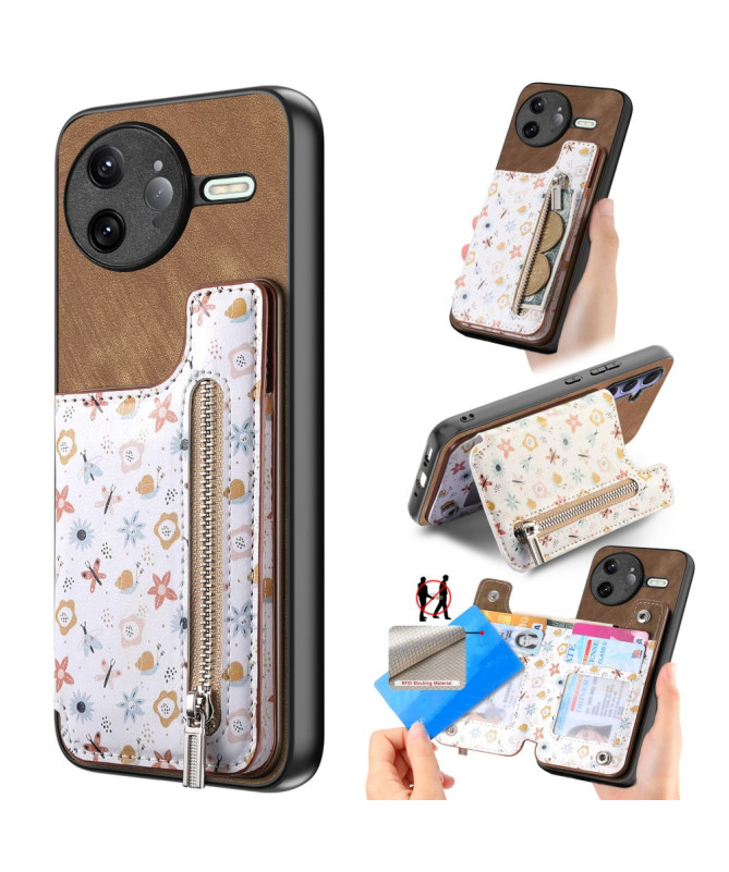 Coque Poco F7 Ultra Cuir Fleurs et Poche Zippée Support