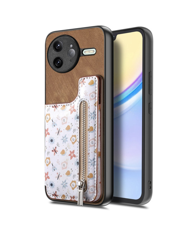Coque Poco F7 Ultra Cuir Fleurs et Poche Zippée Support