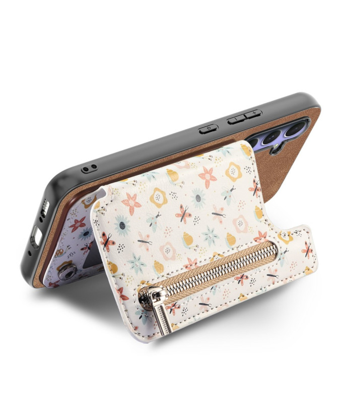Coque Poco F7 Ultra Cuir Fleurs et Poche Zippée Support