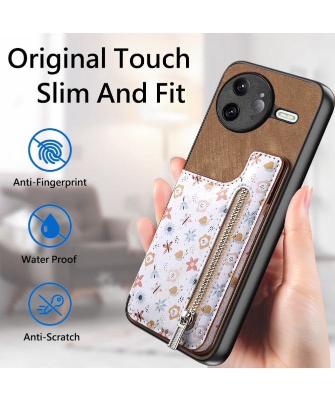 Coque Poco F7 Ultra Cuir Fleurs et Poche Zippée Support