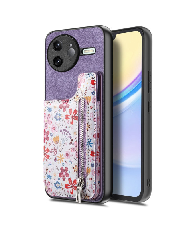 Coque Poco F7 Ultra Cuir Fleurs et Poche Zippée Support