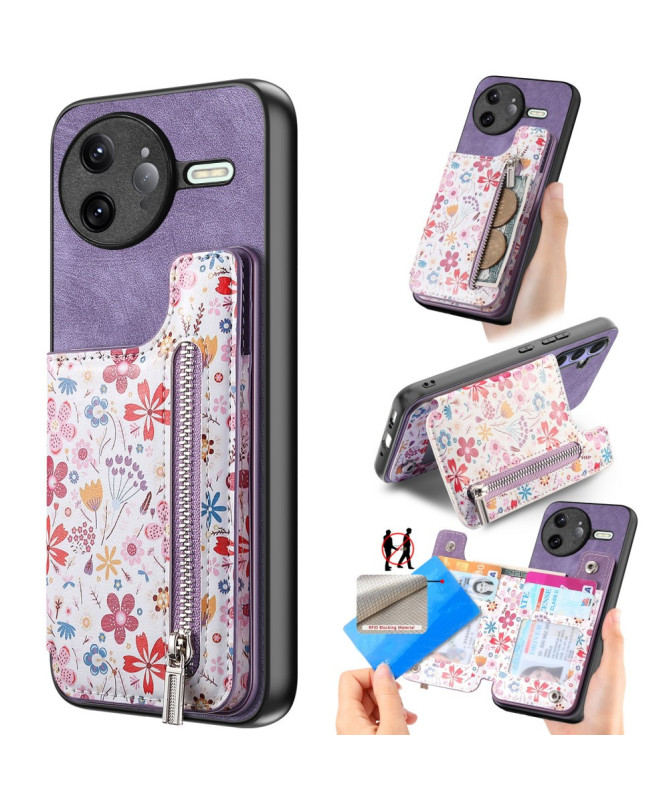 Coque Poco F7 Ultra Cuir Fleurs et Poche Zippée Support