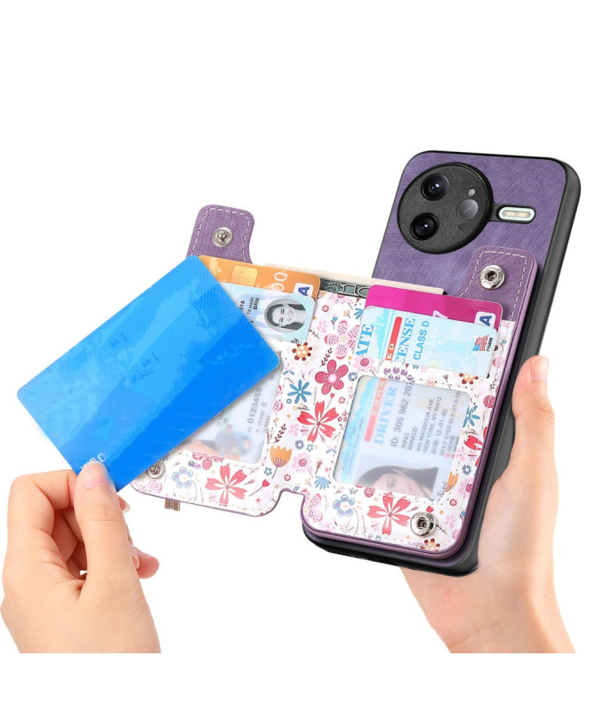 Coque Poco F7 Ultra Cuir Fleurs et Poche Zippée Support