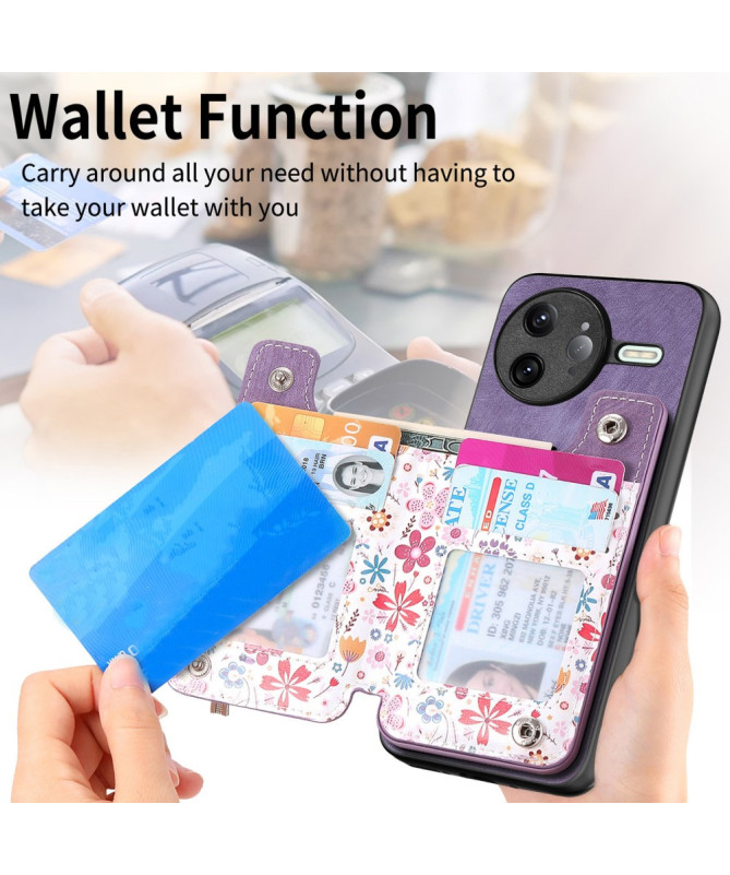 Coque Poco F7 Ultra Cuir Fleurs et Poche Zippée Support
