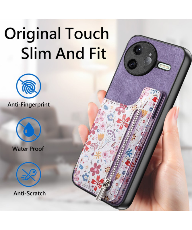Coque Poco F7 Ultra Cuir Fleurs et Poche Zippée Support