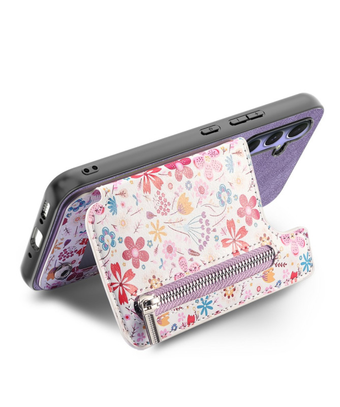 Coque Poco F7 Ultra Cuir Fleurs et Poche Zippée Support