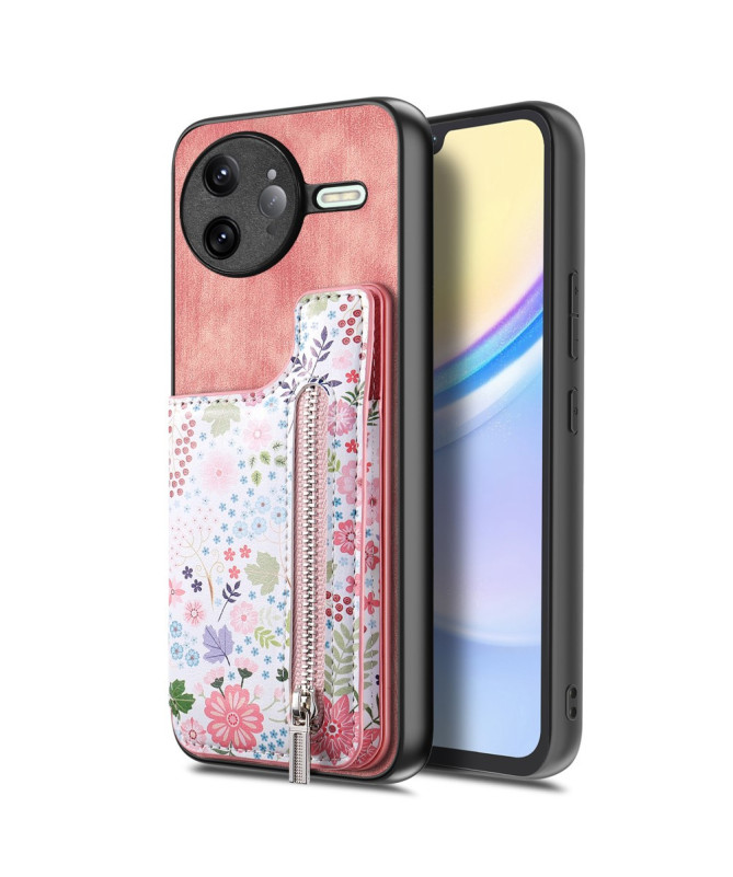 Coque Poco F7 Ultra Cuir Fleurs et Poche Zippée Support