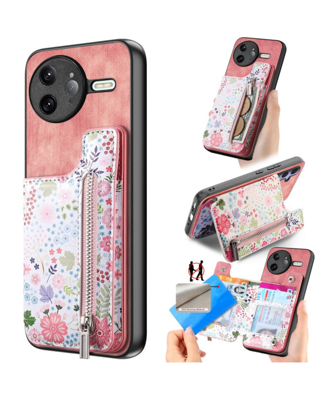 Coque Poco F7 Ultra Cuir Fleurs et Poche Zippée Support