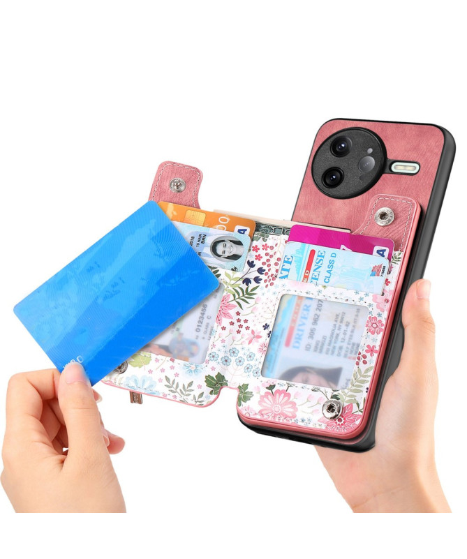 Coque Poco F7 Ultra Cuir Fleurs et Poche Zippée Support