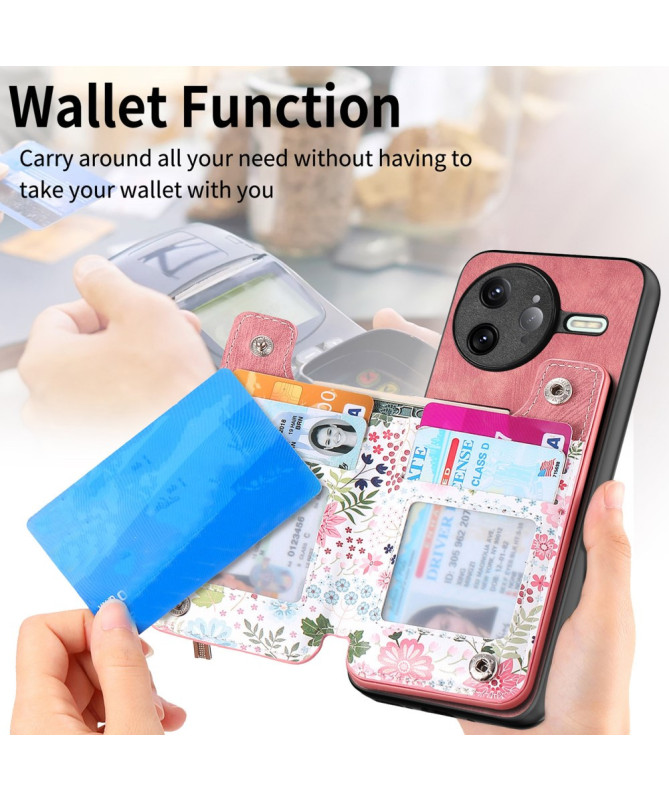 Coque Poco F7 Ultra Cuir Fleurs et Poche Zippée Support