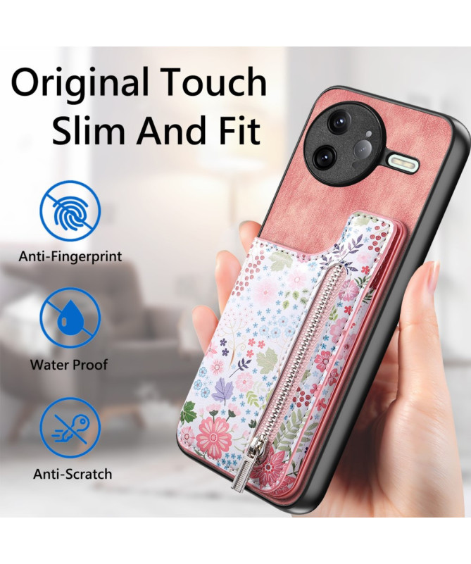 Coque Poco F7 Ultra Cuir Fleurs et Poche Zippée Support