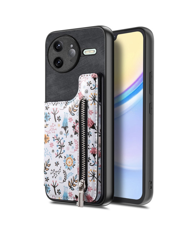 Coque Poco F7 Ultra Cuir Fleurs et Poche Zippée Support