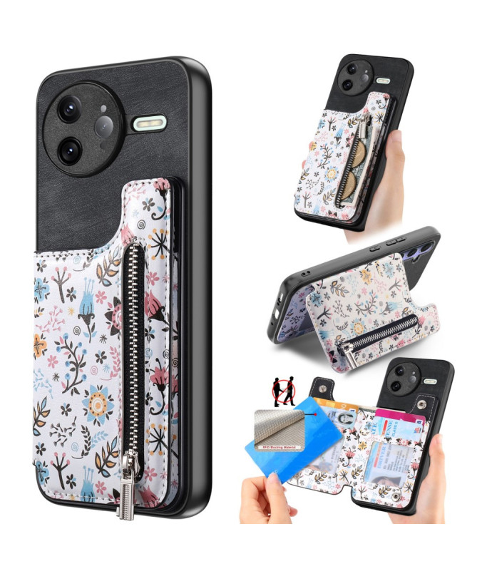Coque Poco F7 Ultra Cuir Fleurs et Poche Zippée Support