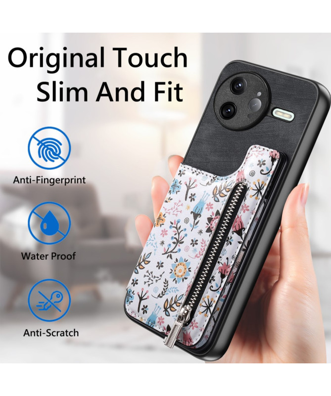 Coque Poco F7 Ultra Cuir Fleurs et Poche Zippée Support