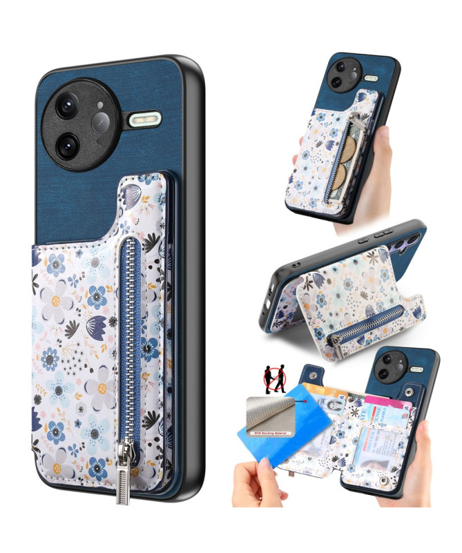 Coque Poco F7 Ultra Cuir Fleurs et Poche Zippée Support