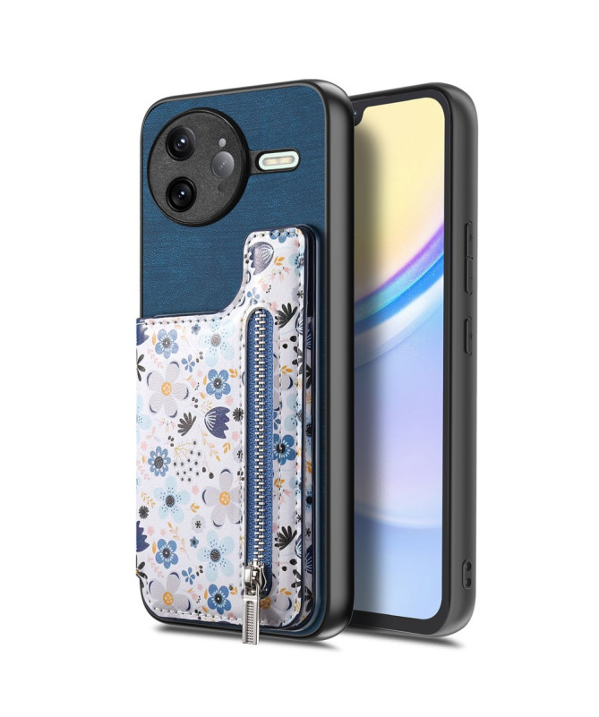 Coque Poco F7 Ultra Cuir Fleurs et Poche Zippée Support