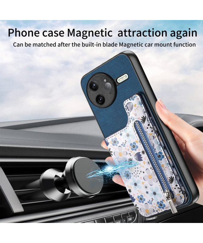 Coque Poco F7 Ultra Cuir Fleurs et Poche Zippée Support