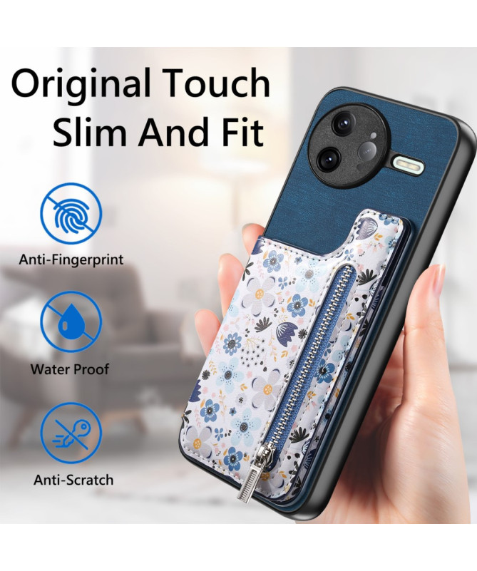 Coque Poco F7 Ultra Cuir Fleurs et Poche Zippée Support