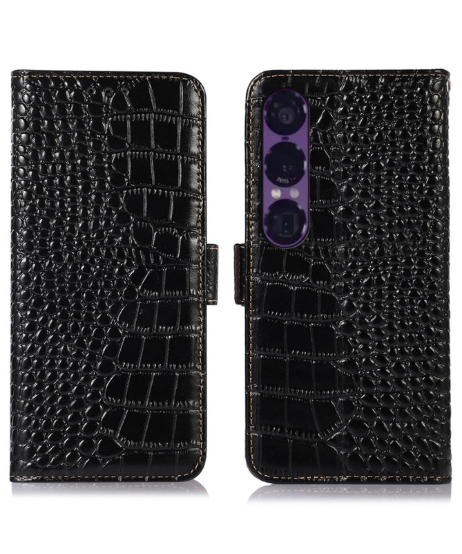 Housse Sony Xperia 1 VII cuir véritable aspect croco