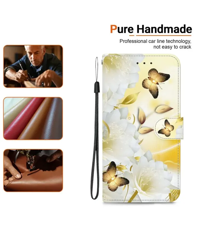 Housse Motorola Edge 60 / 60 Fusion Papillon Doré et Fleurs Blanches