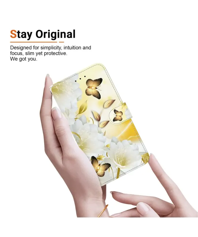 Housse Motorola Edge 60 / 60 Fusion Papillon Doré et Fleurs Blanches