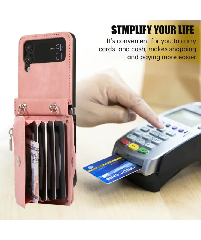 Étui Portefeuille Samsung Galaxy Z Flip 4, Anti RFID, Bandoulière & Dr