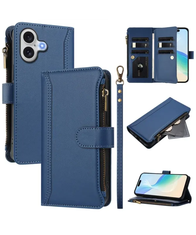 Housse iPhone 17 avec Lanière | 9 Cartes à Fermeture Zippée Bleu marine