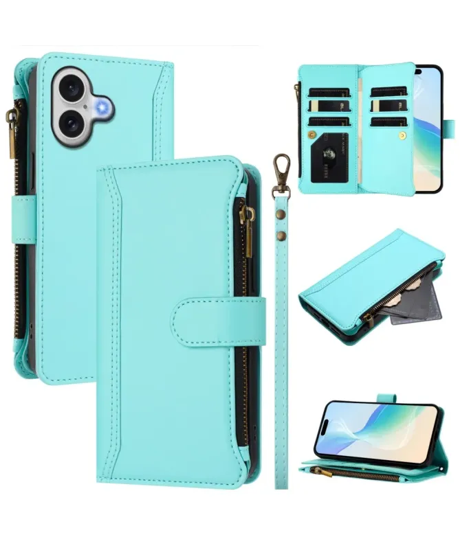 Housse iPhone 17 avec Lanière | 9 Cartes à Fermeture Zippée Cyan - photo 27
