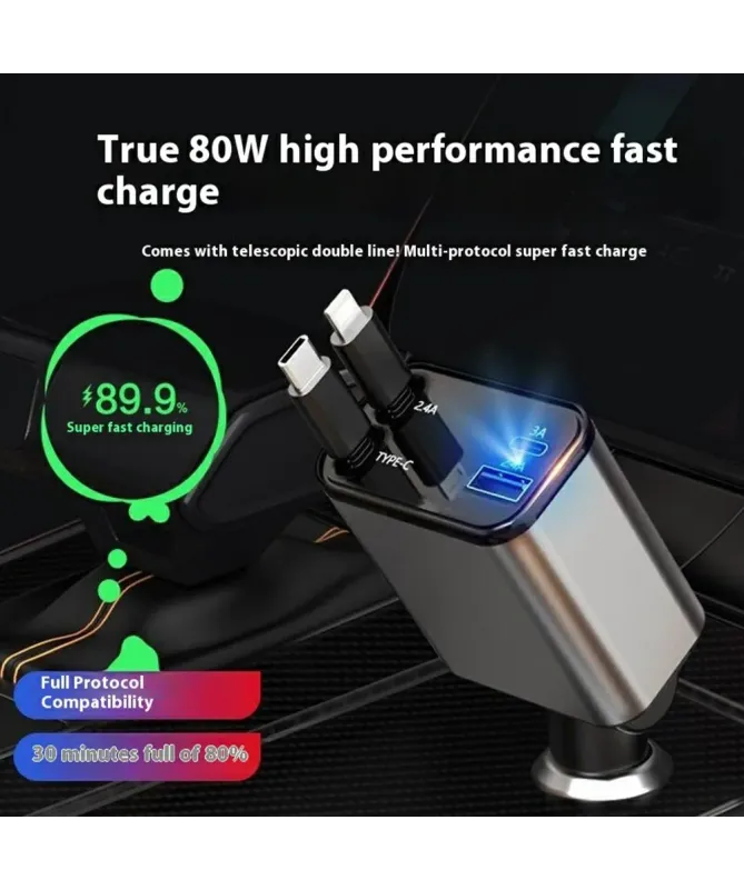 Chargeur Voiture Rapide avec Câbles Rétractables | POWERHUB